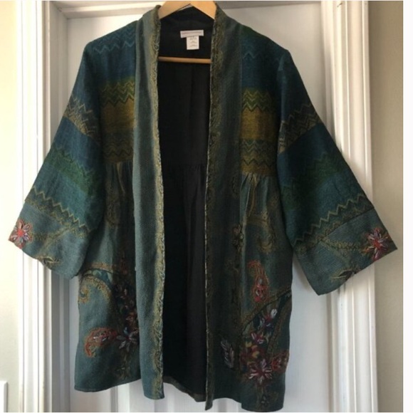 Soft Surroundings Green Izmir Wool Tapestry Embroidered Kimono Open Front XS - Picture 2 of 11